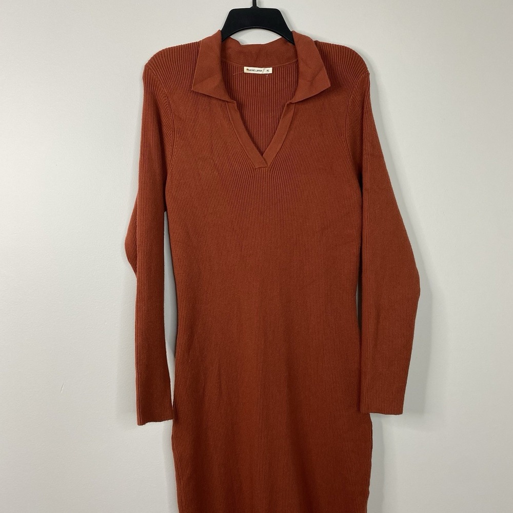 Marine Layer Lexi Ribbed Knit Long Sleeve Polo Midi Dress Women's XL Burnt Henna - Picture 9 of 16